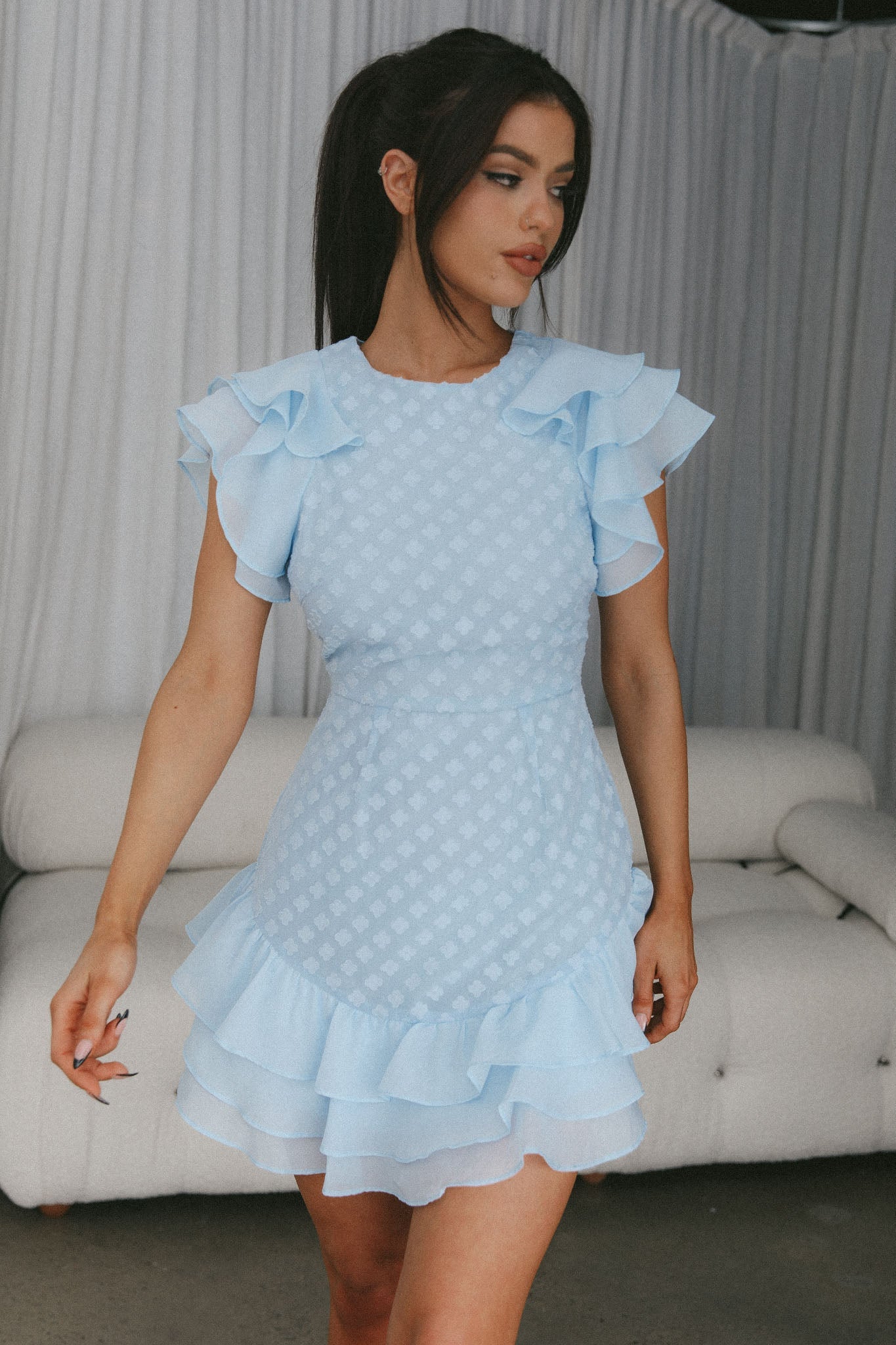 Destined To Be Ruffle Mini Dress Textured Blue