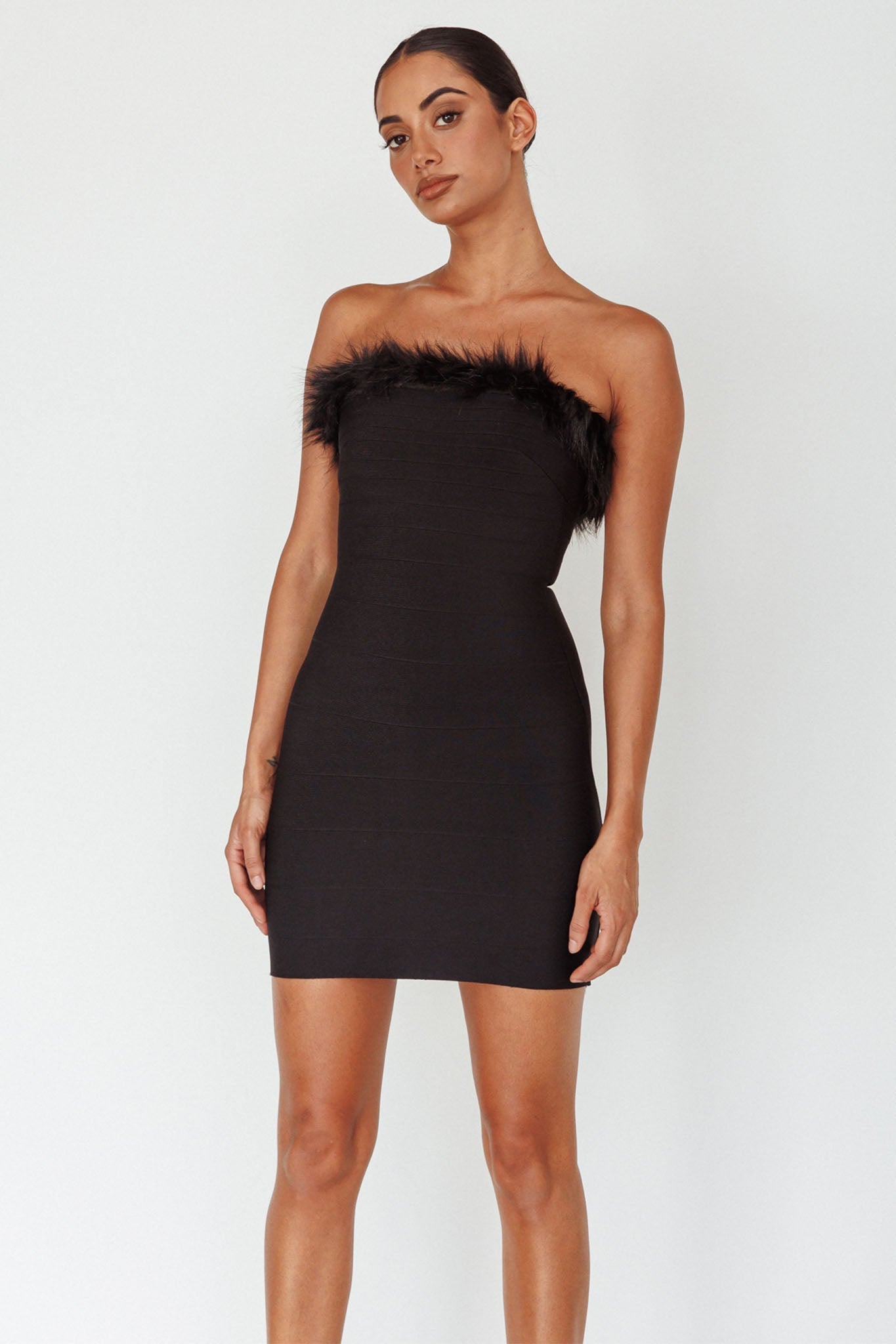 Cherri Fur Trim Mini Dress Electric Black