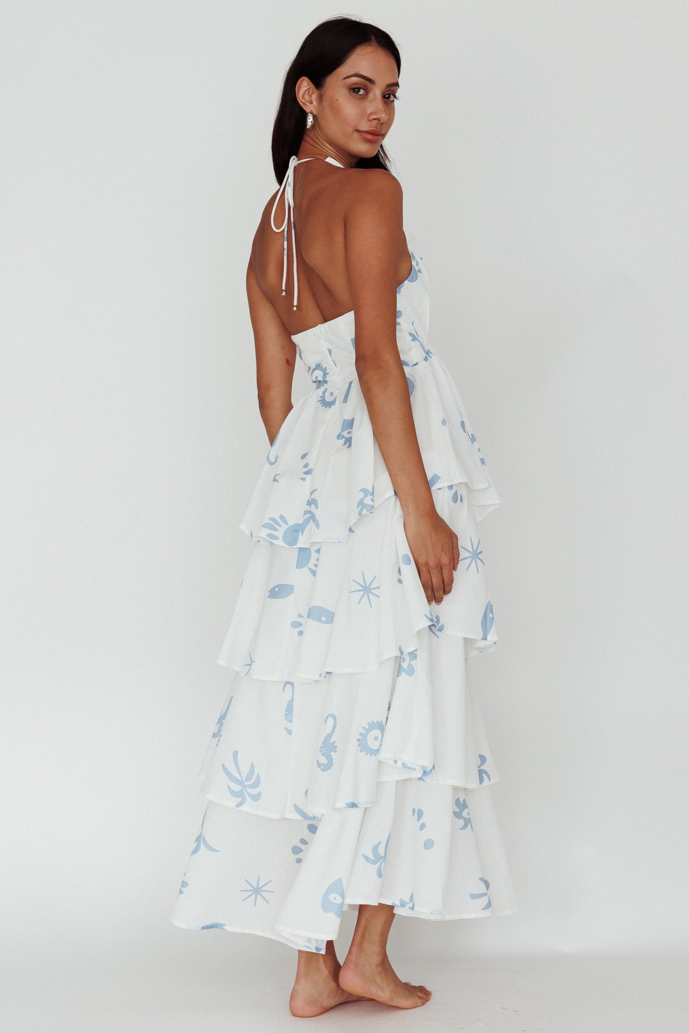 Catalina Tiered Ruffle Maxi Dress White Blue