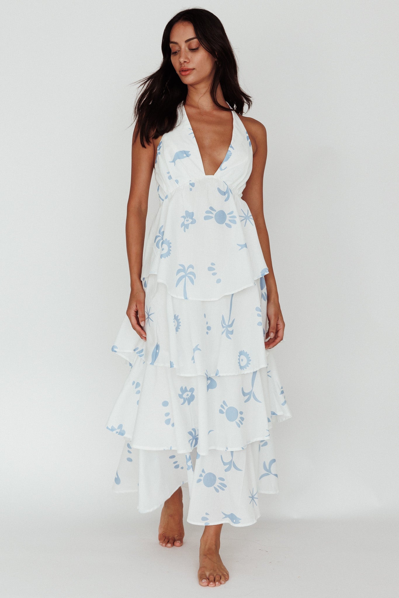 Catalina Tiered Ruffle Maxi Dress White Blue