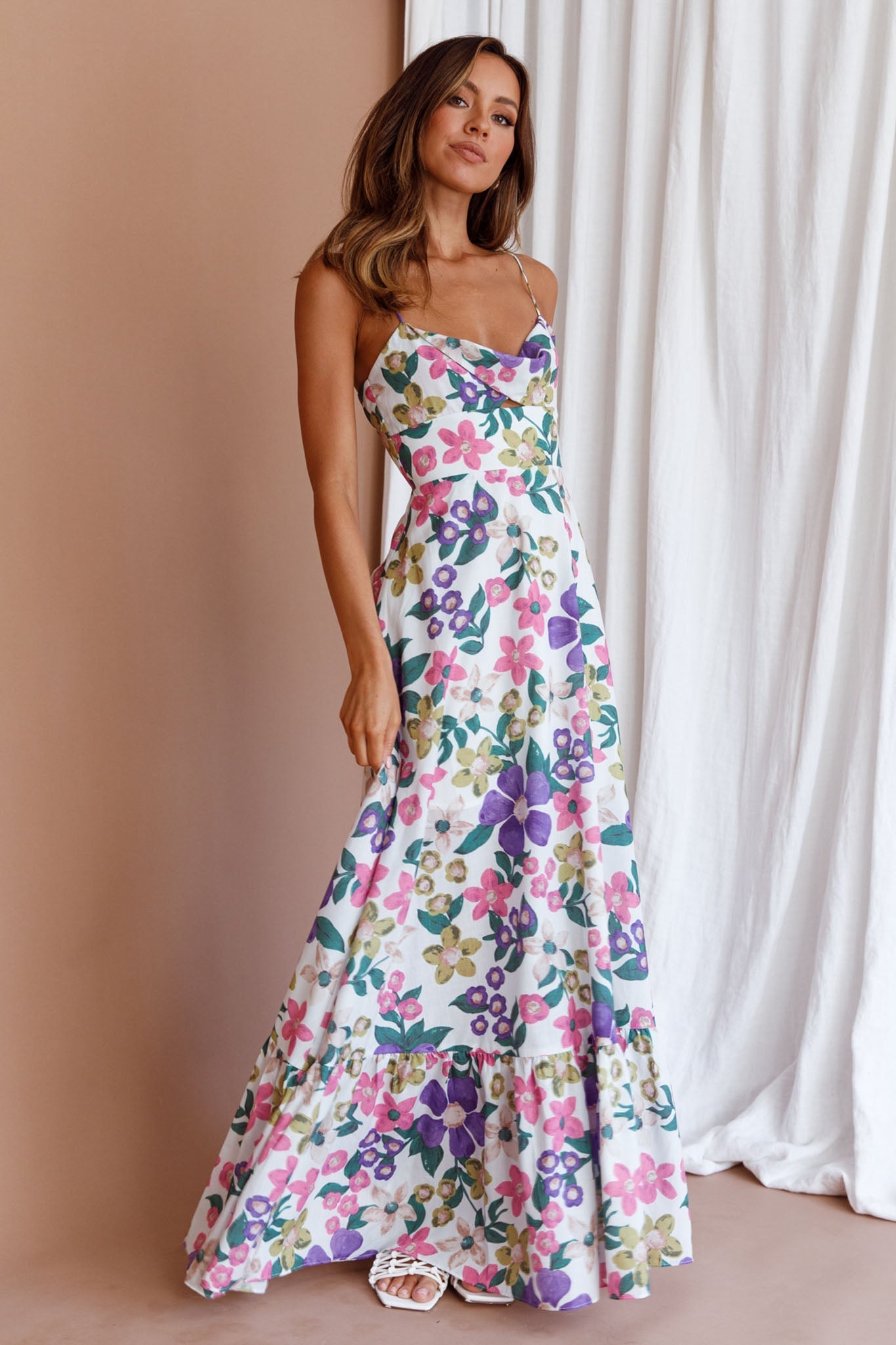 Beachside Flounce Hem Maxi Dress White Floral