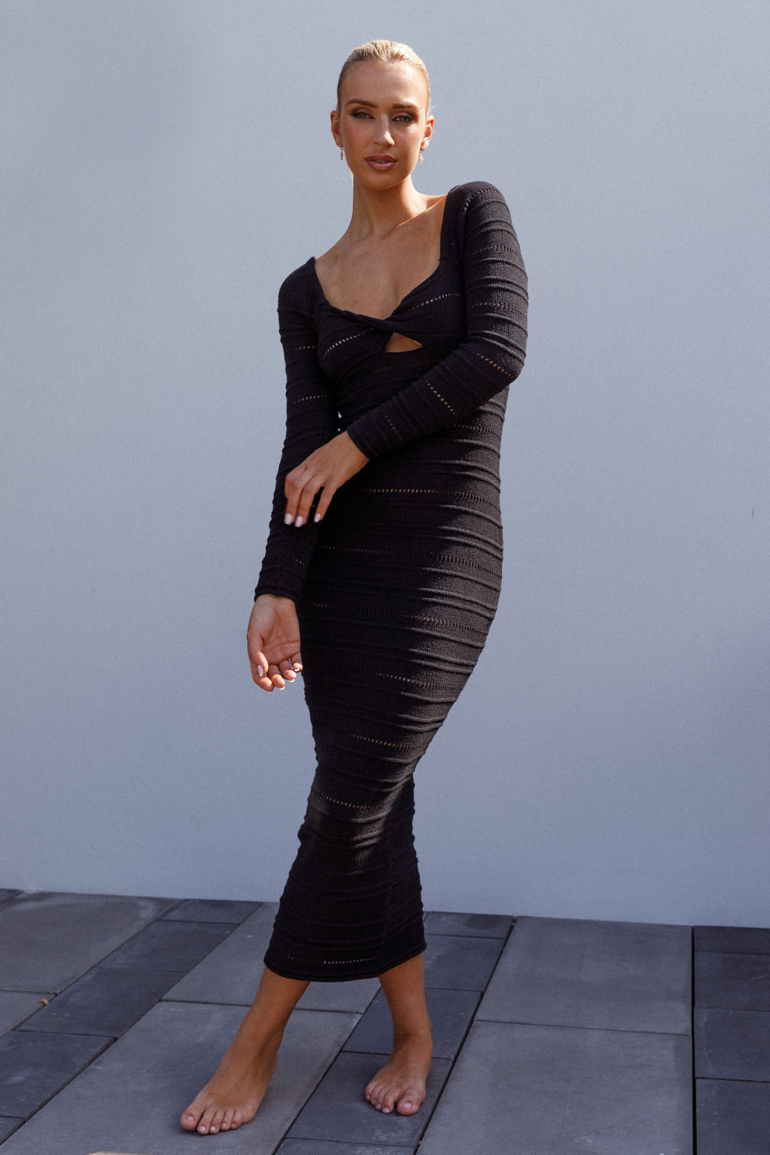 Beachside Crochet Knit Long Sleeve Midi Dress Black