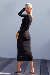 Beachside Crochet Knit Long Sleeve Midi Dress Black