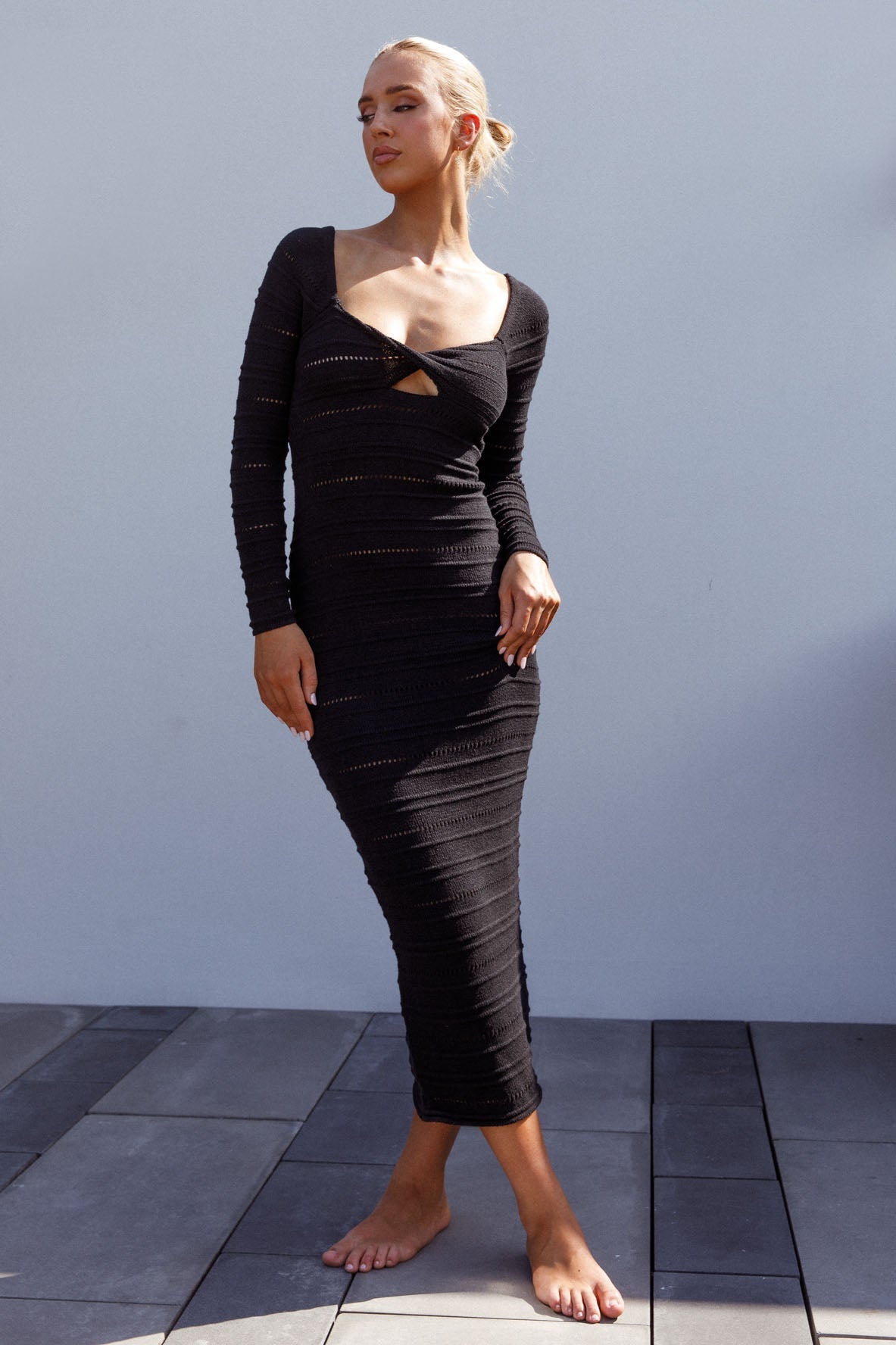 Beachside Crochet Knit Long Sleeve Midi Dress Black