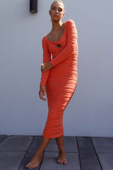 Beachside Crochet Knit Long Sleeve Midi Dress Tangerine