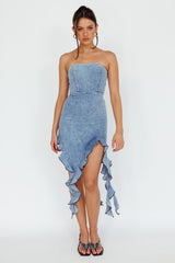 After Party Ruffle Trim Mini Dress Denim Blue