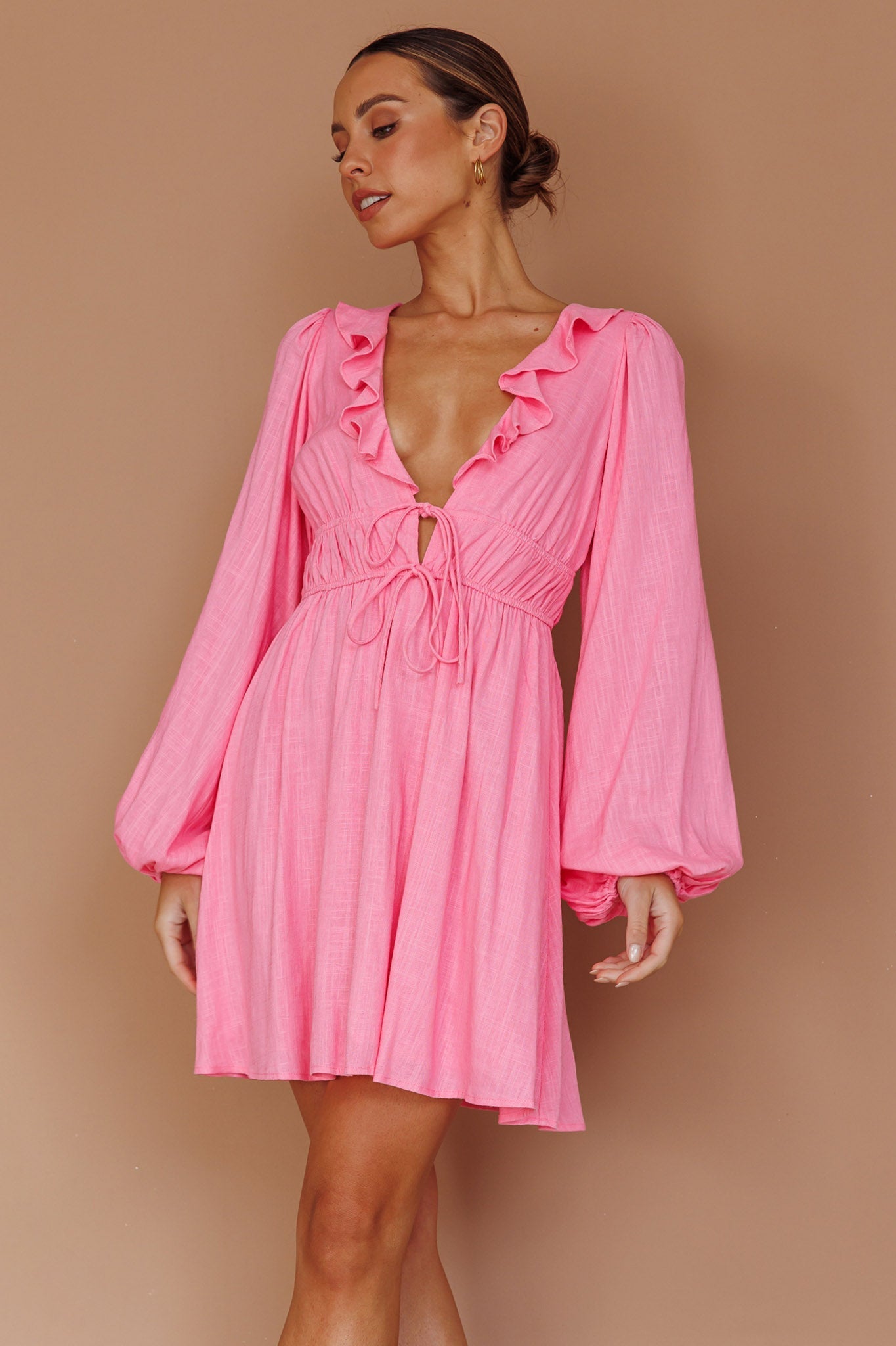 Carnivale Balloon Sleeve Ruffle Mini Dress Pink