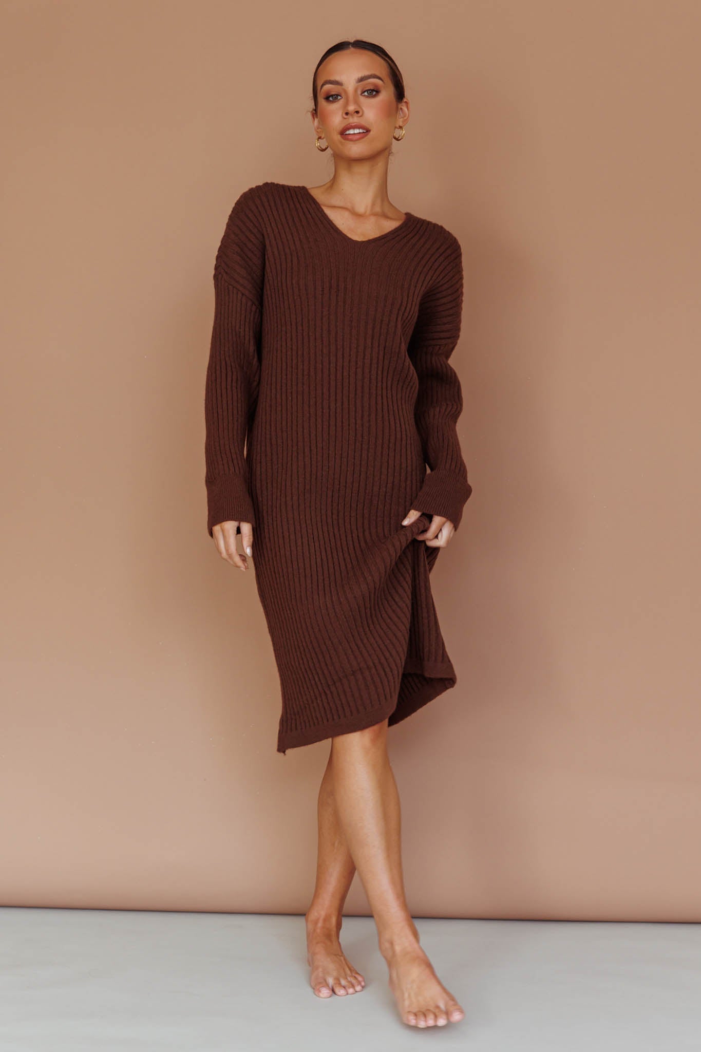 Autumn Hooded Sweater Midi Dress Chocolate