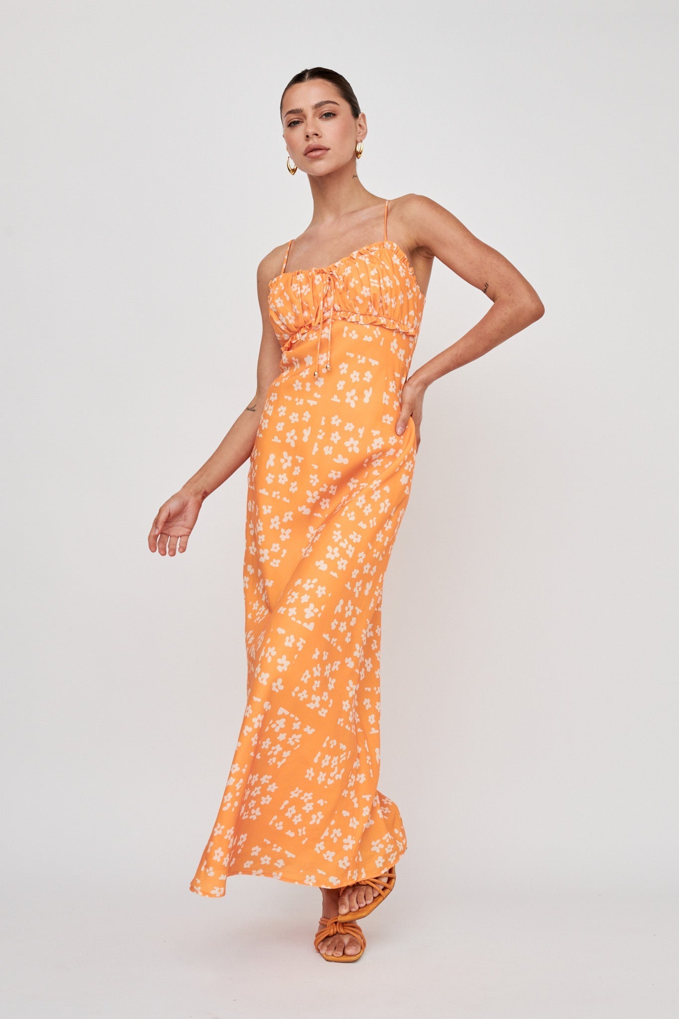 Anja Frill Trim Maxi Dress Print Orange White