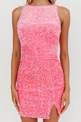 Bedazzle Opened Back Sequin Mini Dress Hot Pink