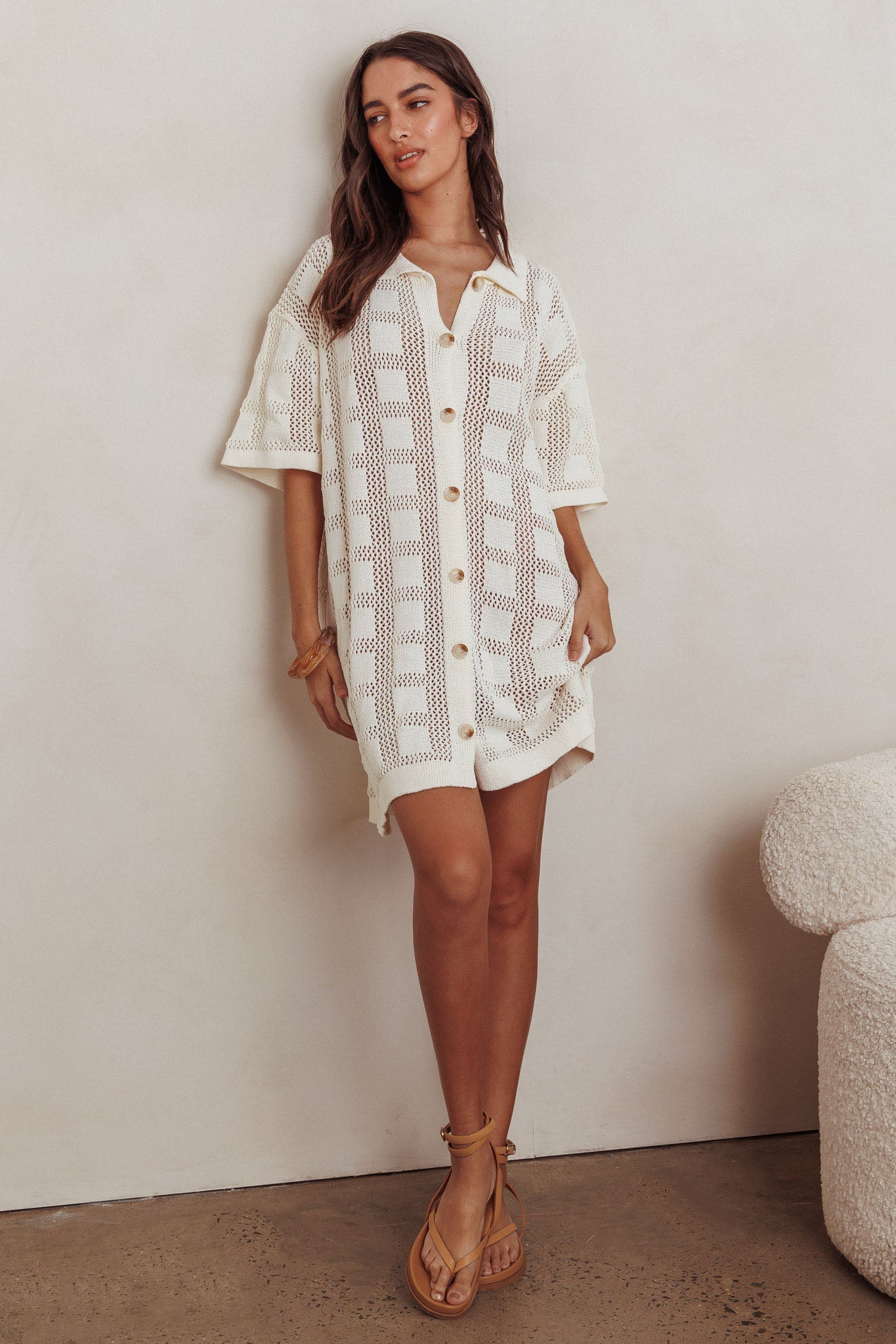 Best Friend Knit Shirt Dress Beige