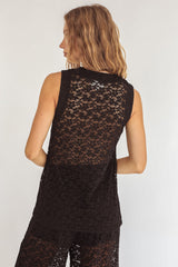 Canyons Sleeveless Button Top Lace Black