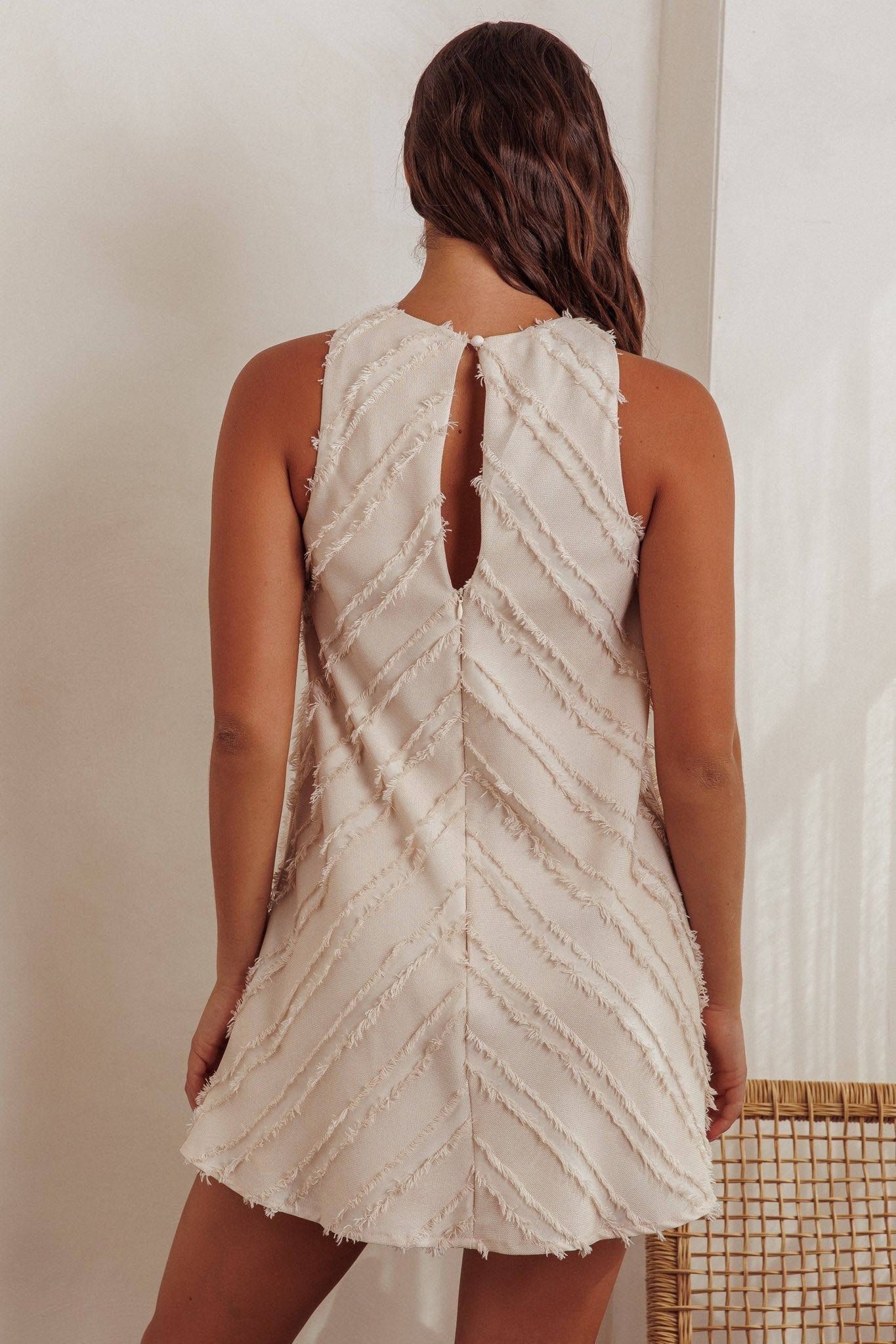 Caro Fringe Trim Shift Mini Dress Cream