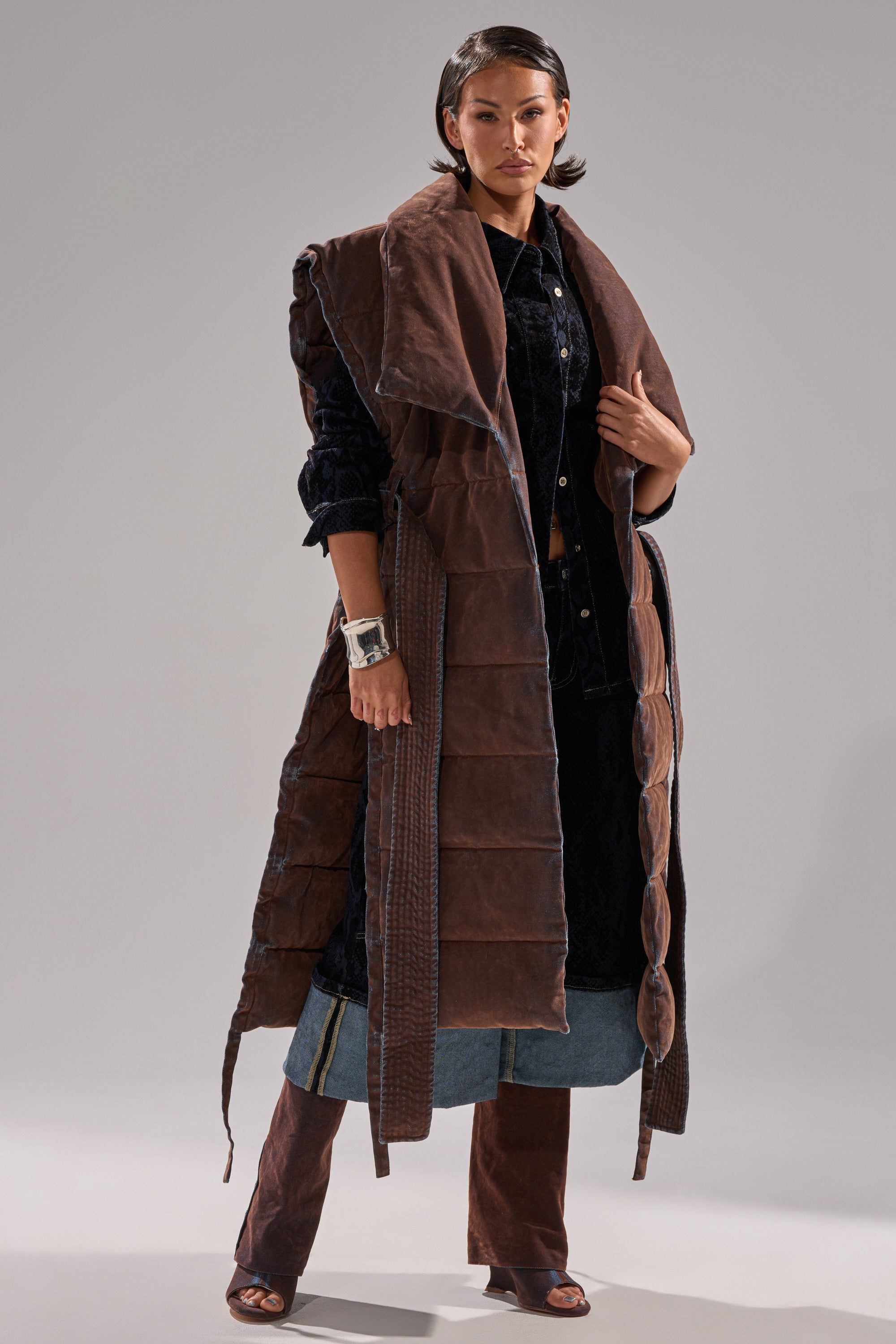 PILOT JONES LONGLINE PUFFER VEST IN VELVET DENIM
