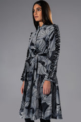 ABSTRACT PRINT BELTED LONG SLEEVE MINI DRESS