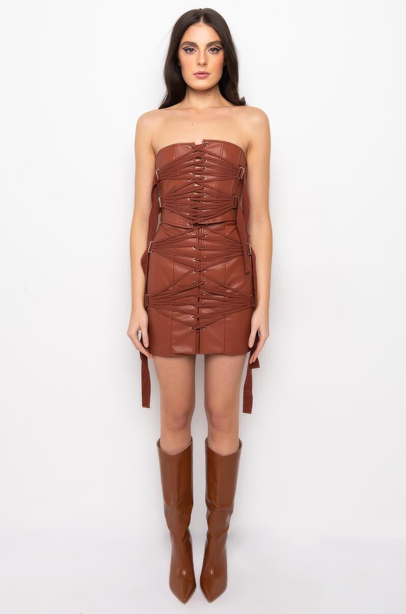 AFTER THE AFTER PARTY LACE UP FAUX LEATHER BUSTIER