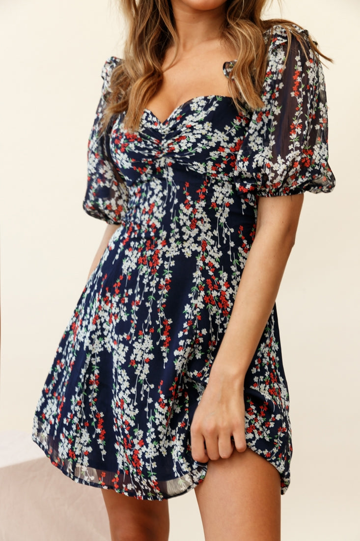 Cherub Puff Sleeve Sweetheart Neckline Dress Floral Print Navy