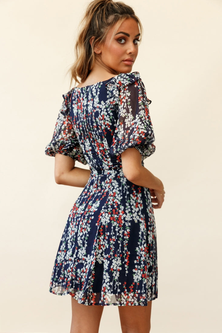 Cherub Puff Sleeve Sweetheart Neckline Dress Floral Print Navy