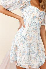 Cherub Puff Sleeve Sweetheart Neckline Dress Floral Print White