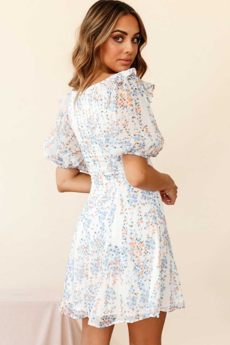 Cherub Puff Sleeve Sweetheart Neckline Dress Floral Print White