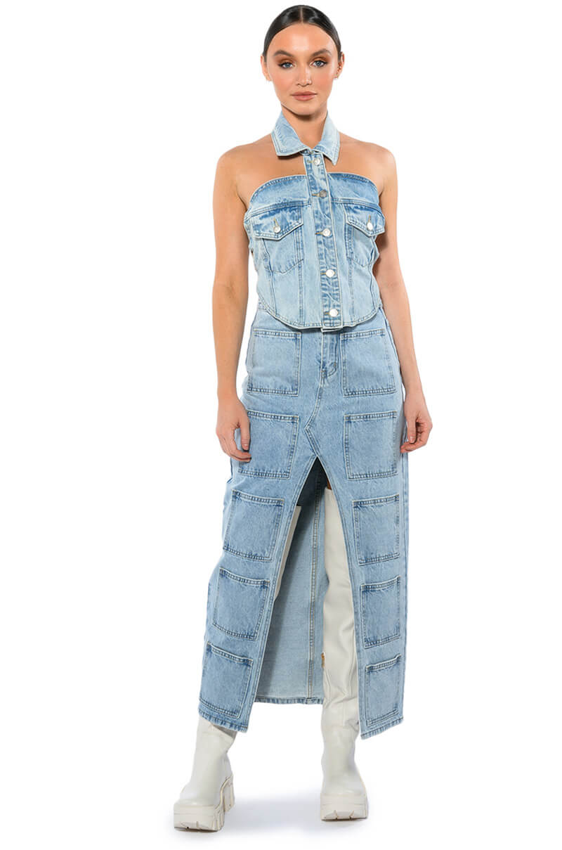 ANGELICA DENIM MIDI OPEN SLIT SKIRT