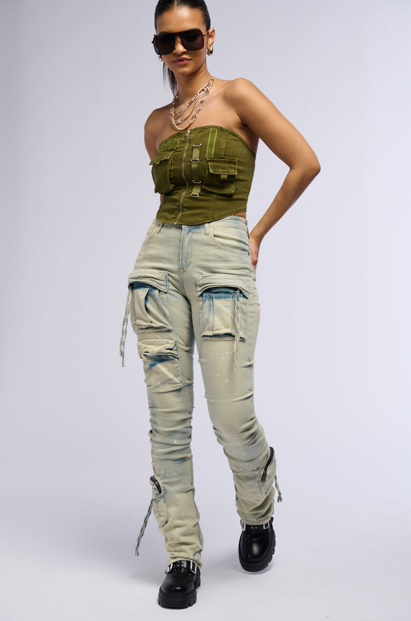 APPLY PRESSURE MINERAL WASH DENIM CORSET TOP