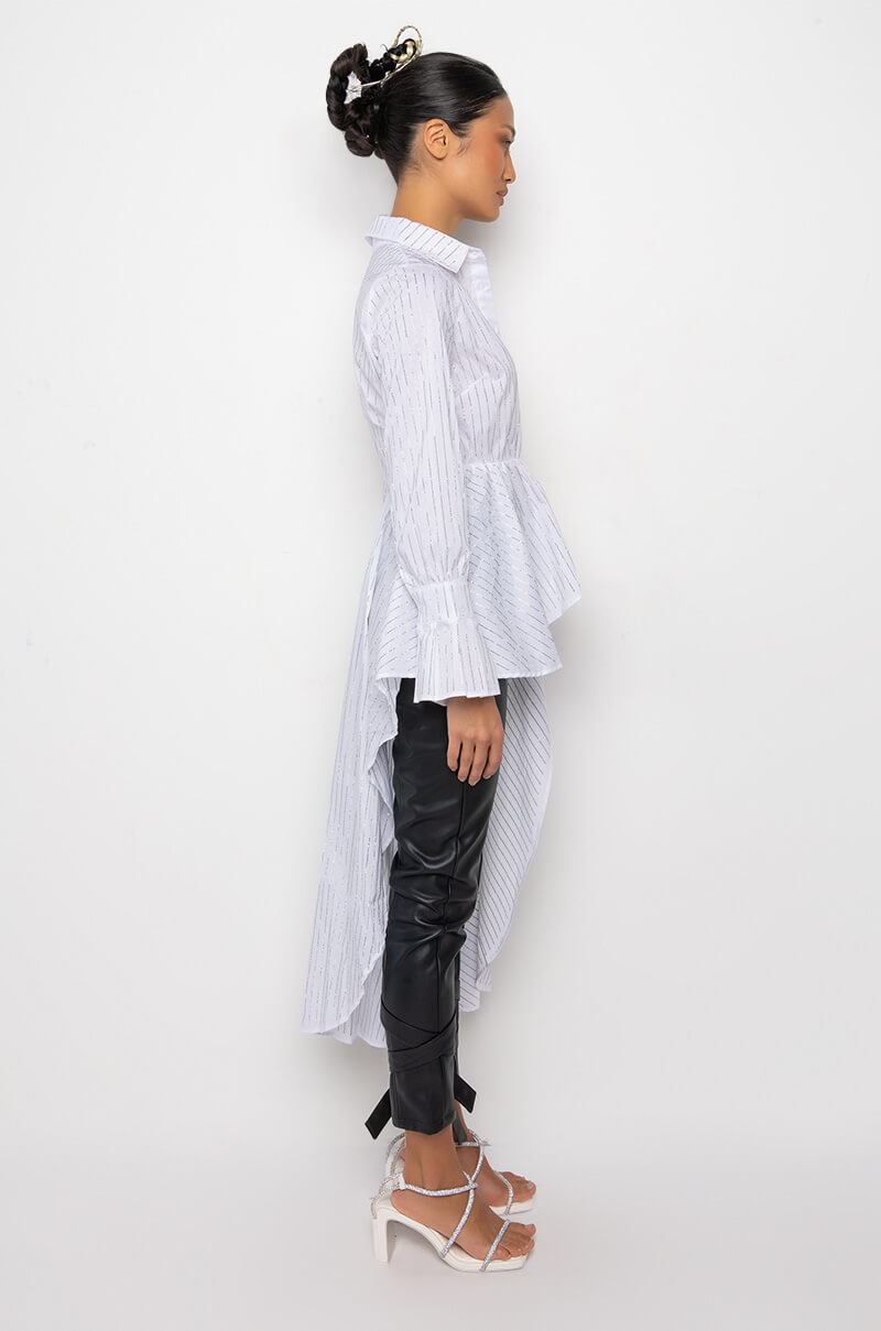 TAYLOR ASYMMETRICAL POPLIN RHINESTONE BUTTON DOWN BLOUSE