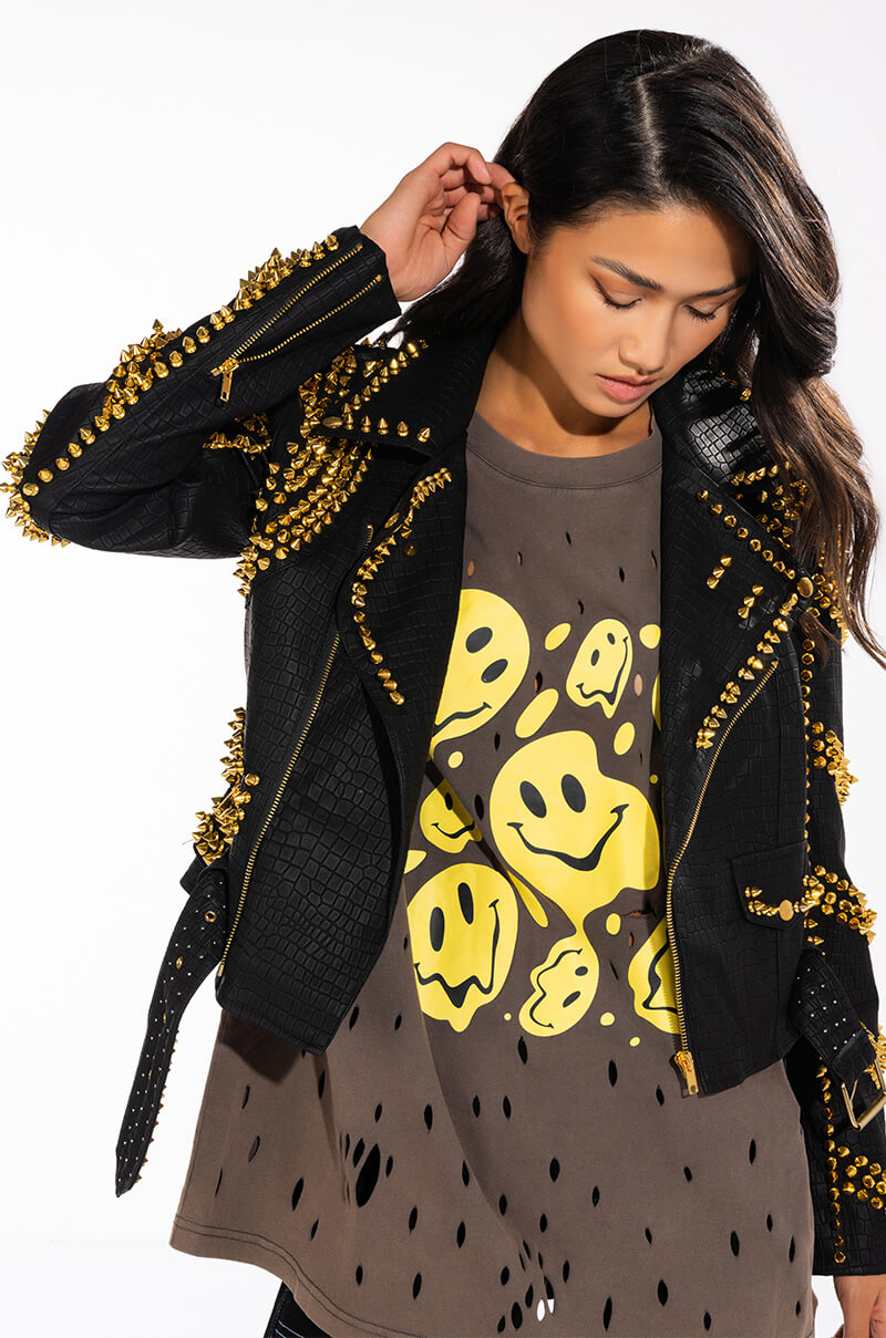 SOFI GOLD STUD CROC MOTO JACKET
