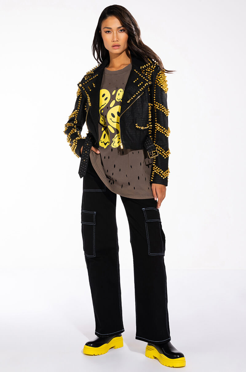 SOFI GOLD STUD CROC MOTO JACKET
