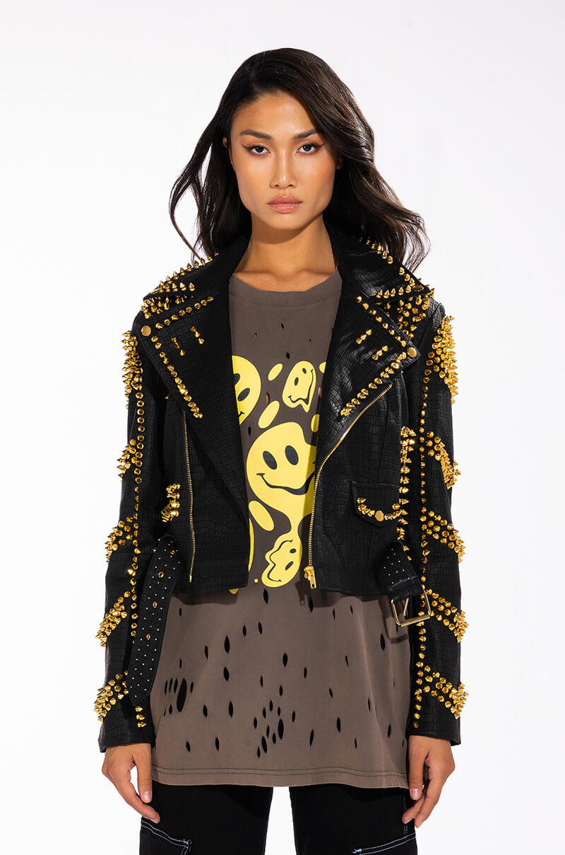 SOFI GOLD STUD CROC MOTO JACKET