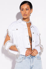 AZALEA WANG CUT OUT ARM RHINESTONE DENIM JACKET
