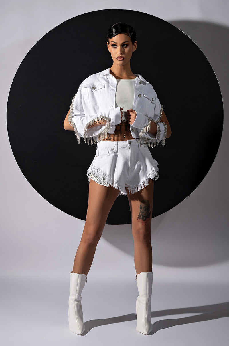AZALEA WANG CUT OUT ARM RHINESTONE DENIM JACKET