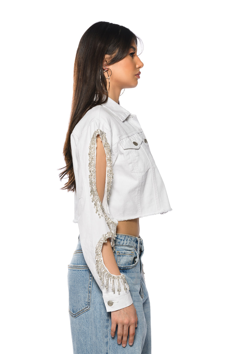 AZALEA WANG CUT OUT ARM RHINESTONE DENIM JACKET