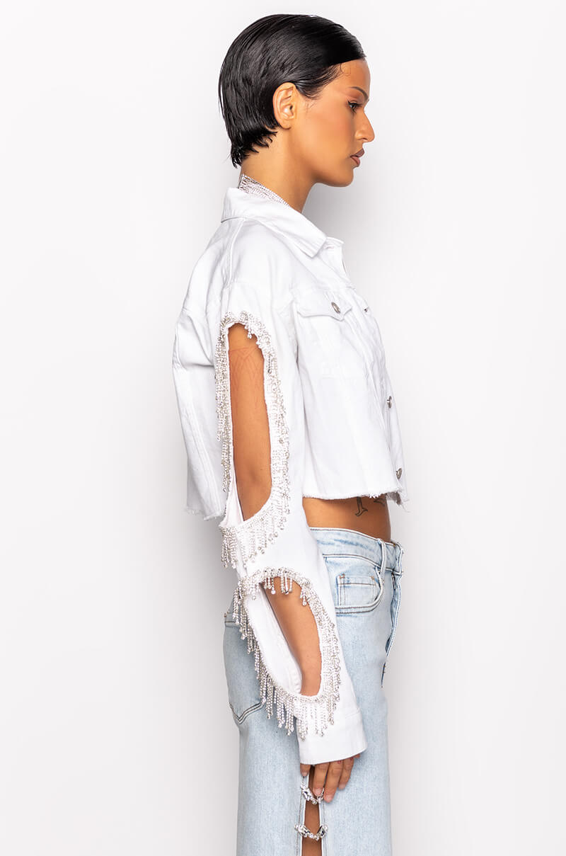 AZALEA WANG CUT OUT ARM RHINESTONE DENIM JACKET