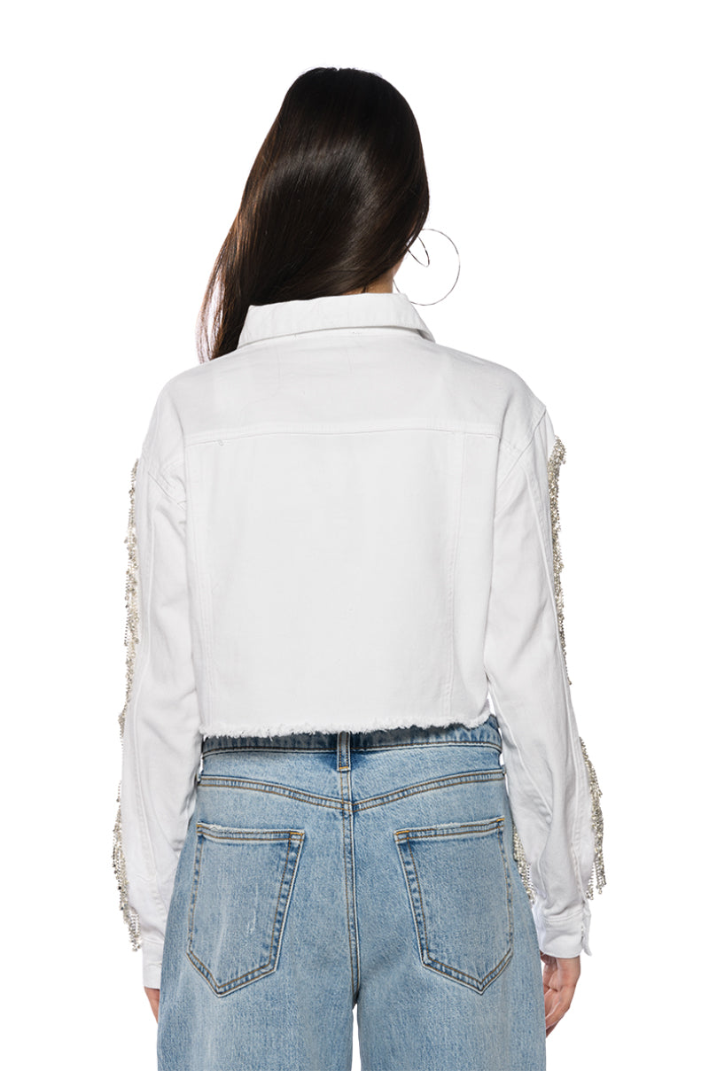 AZALEA WANG CUT OUT ARM RHINESTONE DENIM JACKET