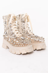 AZALEA WANG DRIPPING IN PEARLS FLATFORM BOOTIE IN NUDE