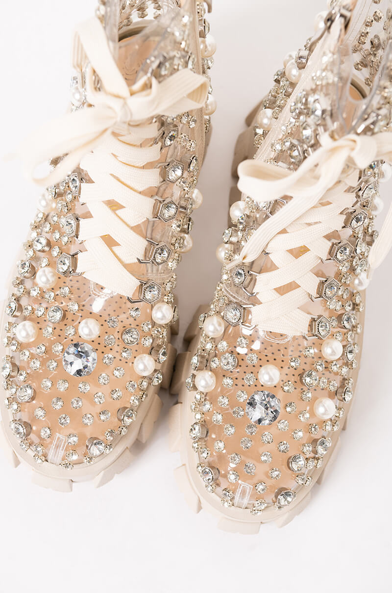 AZALEA WANG DRIPPING IN PEARLS FLATFORM BOOTIE IN NUDE