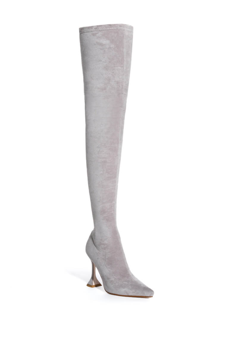 AZALEA WANG ELEVATE THIGH HIGH STRETCH SUEDE BOOT IN GREY