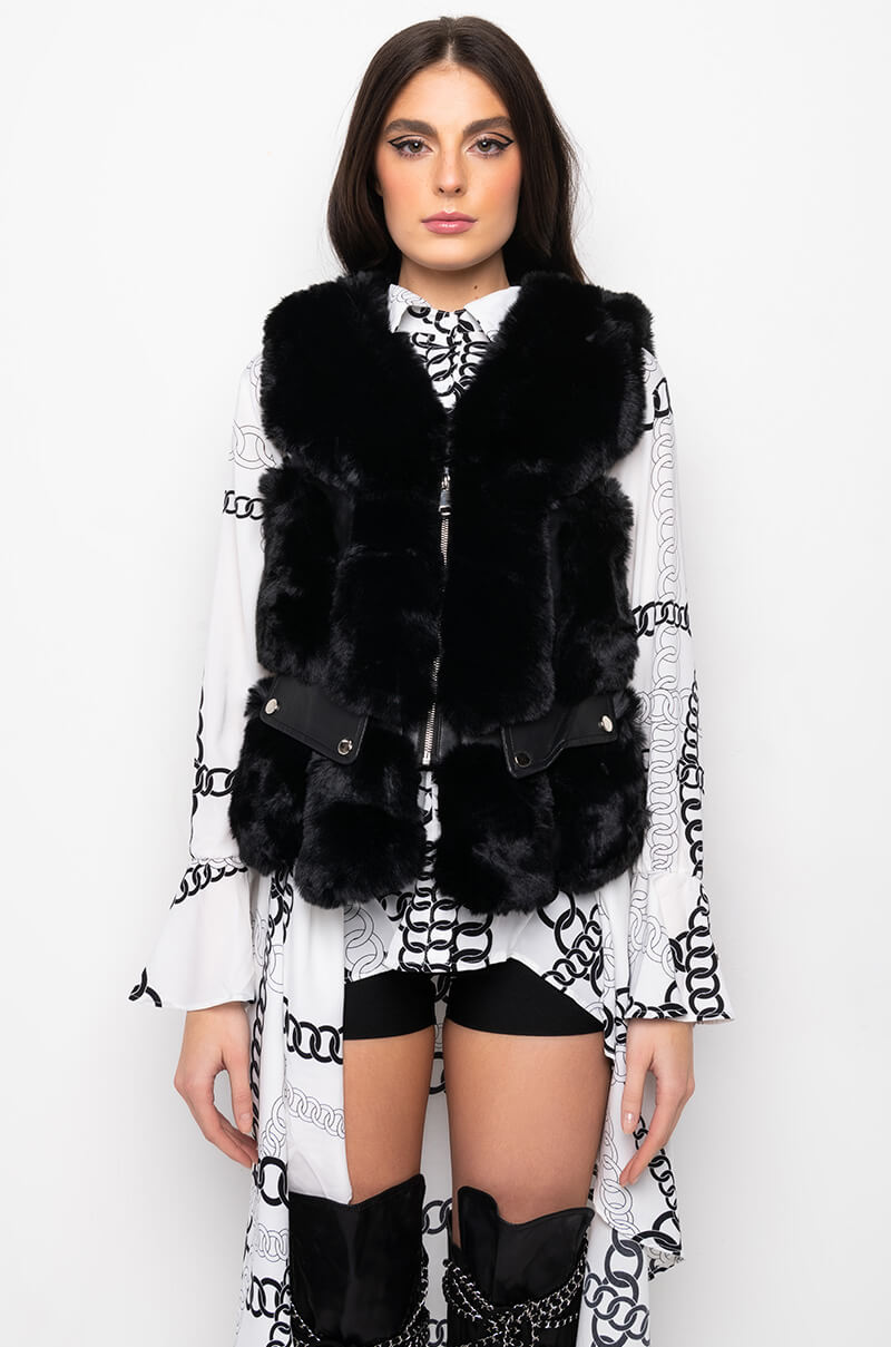 FAUX FUR VEST WITH MOTO TRIM