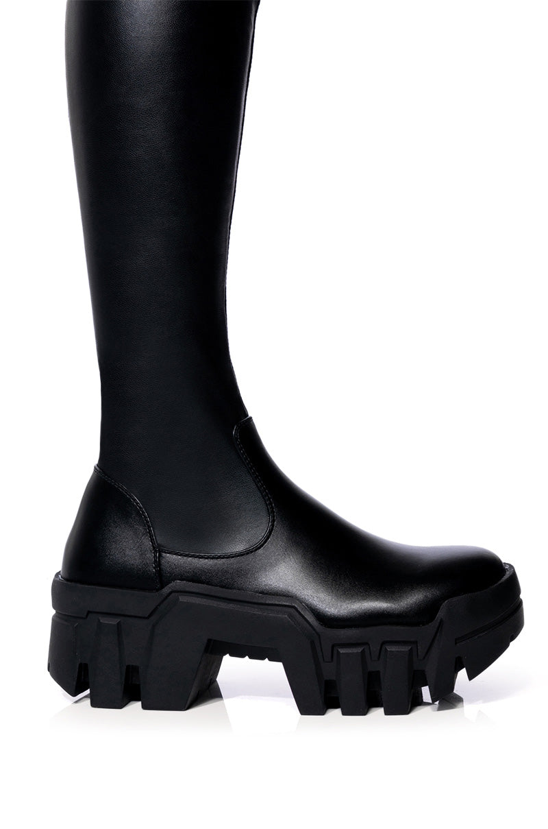 AZALEA WANG FAVORED STRETCH PU THIGH HIGH BOOT IN BLACK