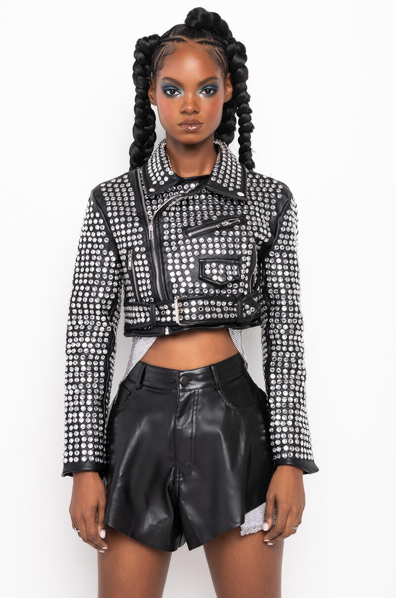 AZALEA WANG GAZETTE 3000 STUDS MOTO JACKET IN BLACK