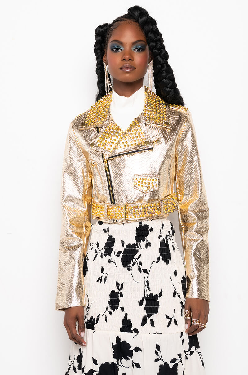 AZALEA WANG GOLD FINGER STUDDED MOTO JACKET