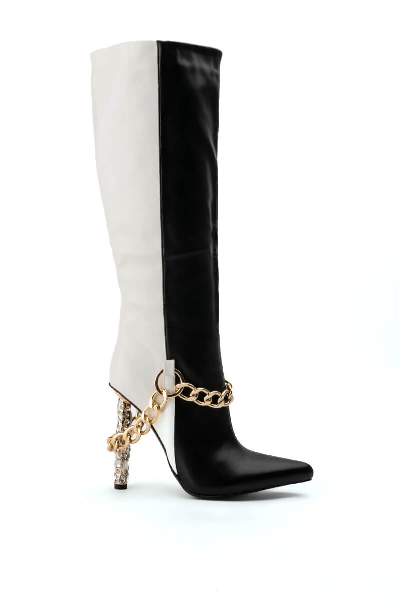 AZALEA WANG HARLOW KNEE HIGH CHAIN BOOT IN BLACK WHITE