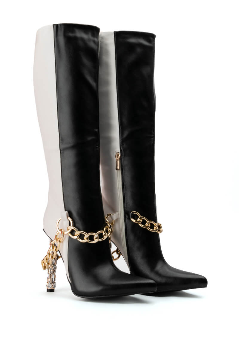 AZALEA WANG HARLOW KNEE HIGH CHAIN BOOT IN BLACK WHITE