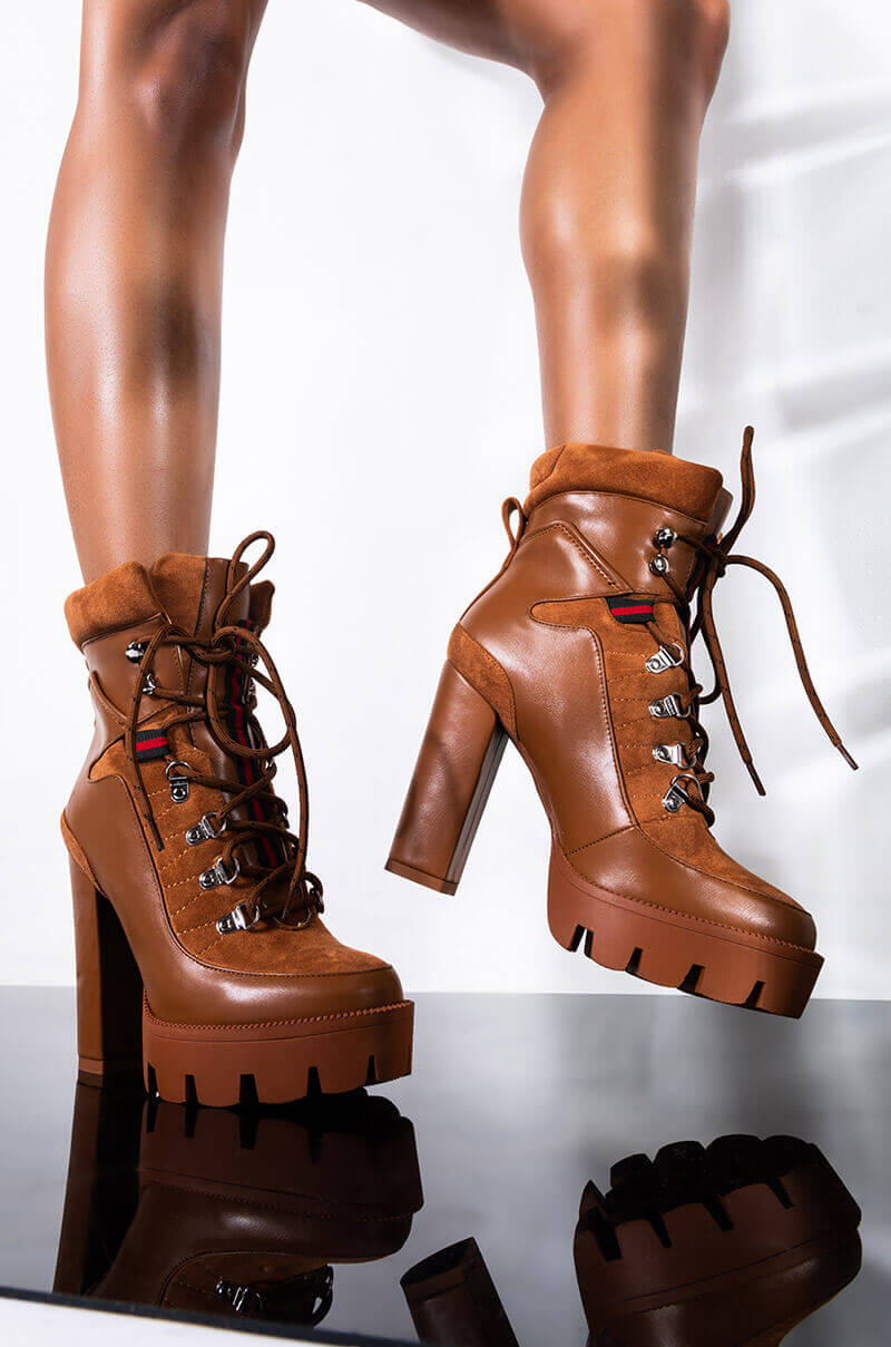 AZALEA WANG I GOT THE SAUCE CHUNKY HEEL BOOTIE IN BROWN