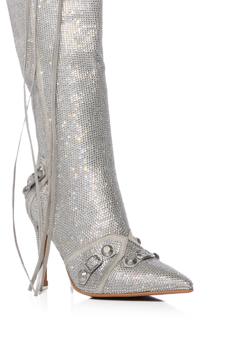 AZALEA WANG MAEVE STILETTO BOOT IN EMBELLISHED SILVER