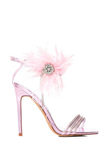 AZALEA WANG LICORICE FEATHER FLOWER EMBELLISHED SANDAL IN PINK
