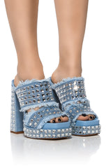 AZALEA WANG KOHANA EMBELLISHED CHUNKY DENIM SANDAL