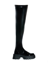 AZALEA WANG MILLY THIGH HIGH FLATFORM BOOT IN BLACK STRETCH