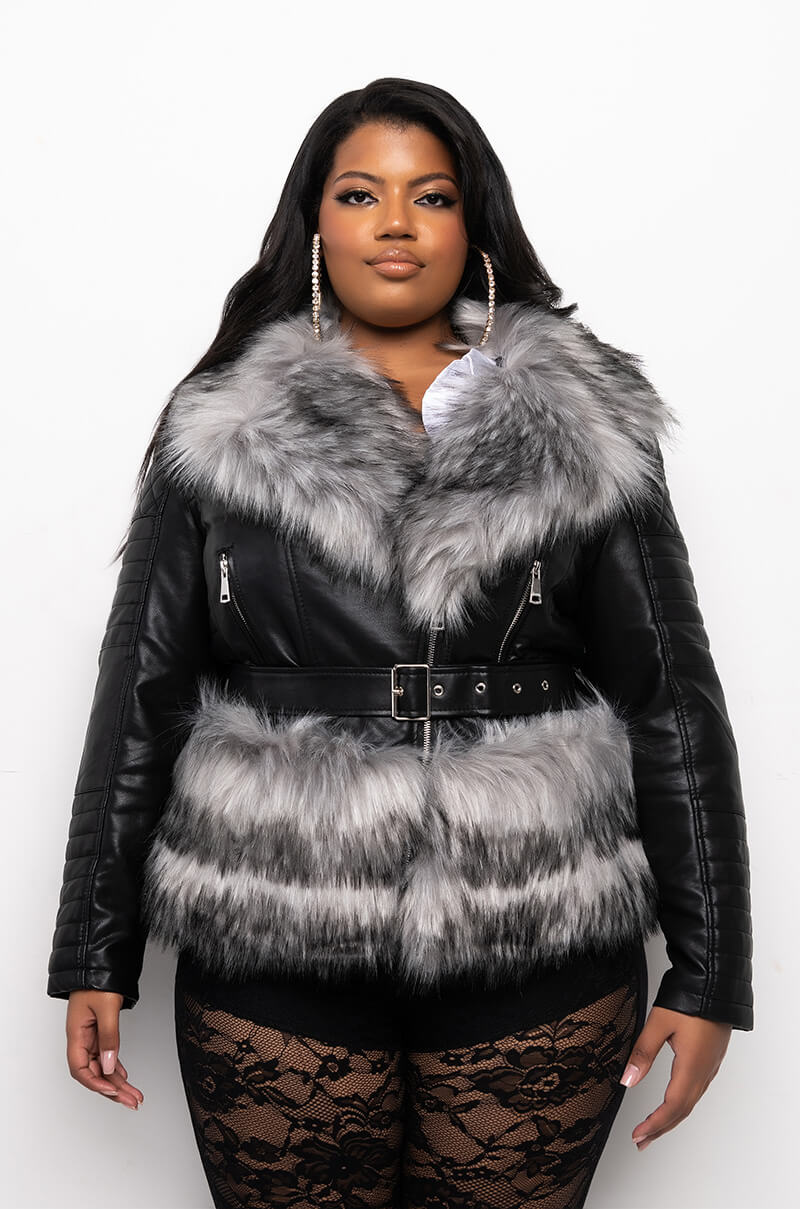 PLUS AZALEA WANG WAIST LINED FUR MOTO JACKET